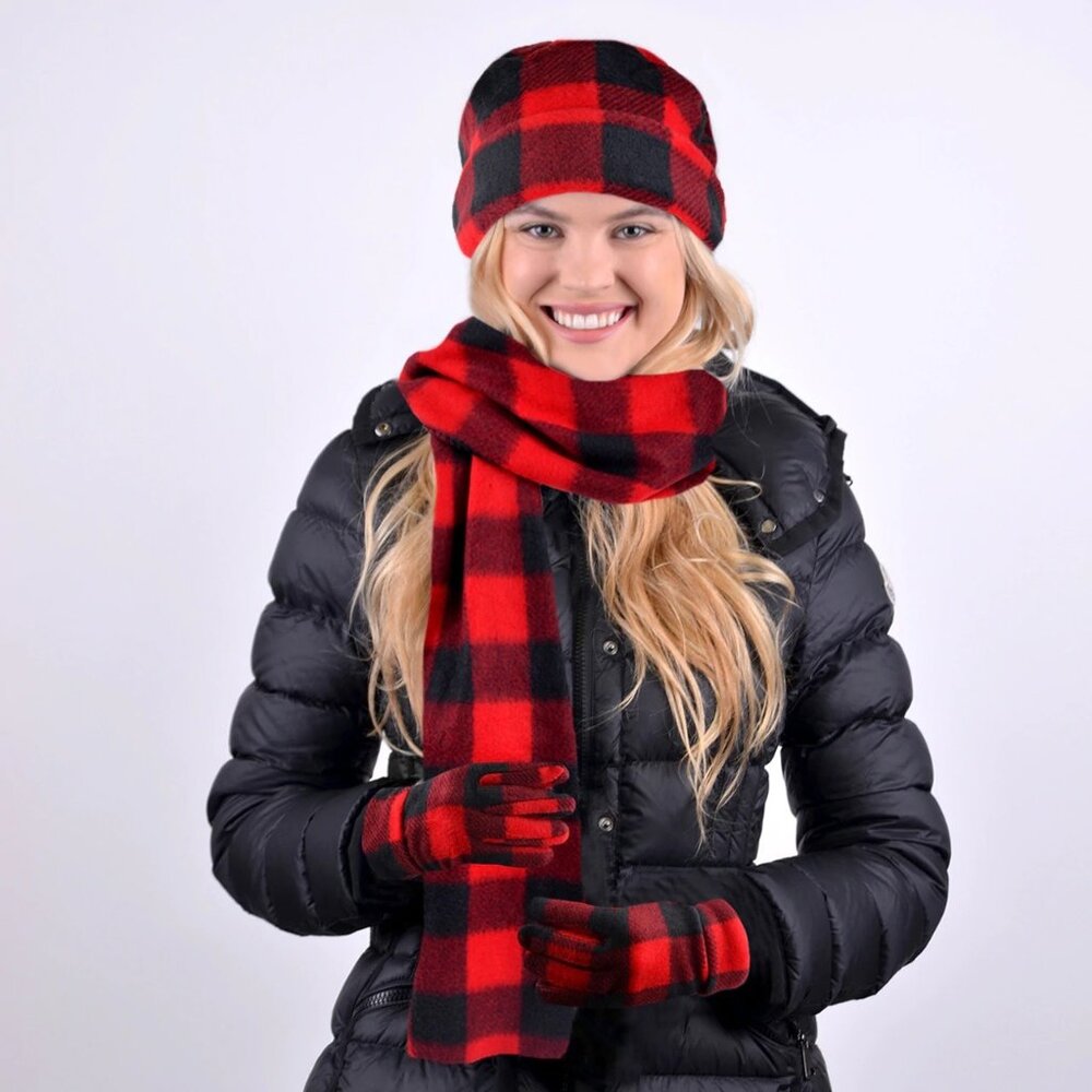 Women's Fleece Winter Hat Scarf & Gloves Set Tartan Plaid Matching Outfit 3-Pc